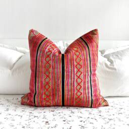 Hmong Hemp Pillow Cover Tribal Motif, Rustic Farmhouse Decor - 20x20 - thumbnail 1
