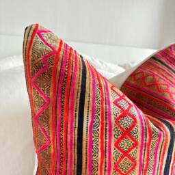 Hmong Hemp Pillow Cover Tribal Motif, Rustic Farmhouse Decor - 20x20 - thumbnail 4
