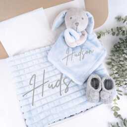 Embroidered Blue Grey Rabbit Comforter Blanket Gift Set - Baby Shower Booties Newborn Girl Boy