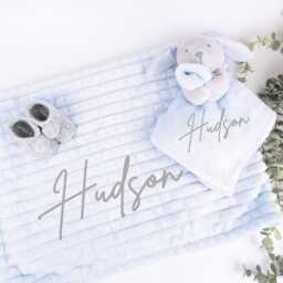 Embroidered Blue Grey Rabbit Comforter Blanket Gift Set - Baby Shower Booties Newborn Girl Boy - thumbnail 2