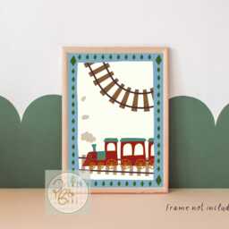 Bright Children's Train Print, Featuring Blue, Green & Red Colour Palette - Unframed - thumbnail 2