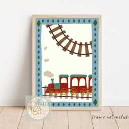 Bright Children's Train Print, Featuring Blue, Green & Red Colour Palette - Unframed - thumbnail 3