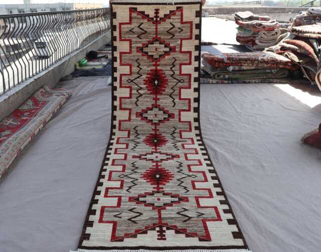 2'6x8'4 Ft Runner Rug, Natural Colors Southwestern Design Navajo Afghan Hand Knotted Wool Rug, Gray Brown Beige Red, Kitchen, Hallway - image 1