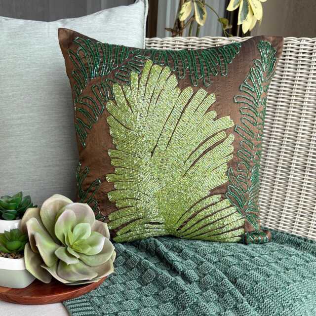 Art Silk Brown Beaded Tropical Style Decorative Throw Pillow Cover, 16x16 Nature & Floral Leaf Toss Cushion Cover By The Homecentric - image 1