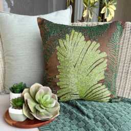 Art Silk Brown Beaded Tropical Style Decorative Throw Pillow Cover, 16x16 Nature & Floral Leaf Toss Cushion Cover By The Homecentric - thumbnail 2