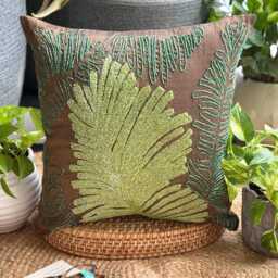 Art Silk Brown Beaded Tropical Style Decorative Throw Pillow Cover, 16x16 Nature & Floral Leaf Toss Cushion Cover By The Homecentric - thumbnail 3