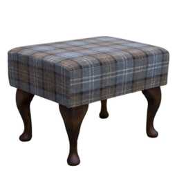 Small Footstool in A Lana Blue Tartan Upholstered Fabric - Handmade The UK