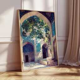 Persian Courtyard Print, Islamic Architecture Wall Art, Oriental Blue Archway Painting, Middle Eastern Decor Poster - thumbnail 2