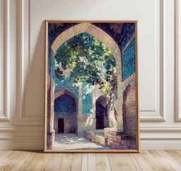 Persian Courtyard Print, Islamic Architecture Wall Art, Oriental Blue Archway Painting, Middle Eastern Decor Poster - thumbnail 1