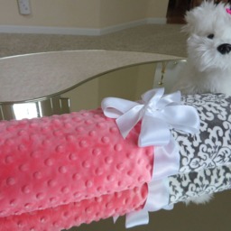 Coral Minky Baby Girl Blanket, Damask Print, Shower Gift, Usa Handcrafted - thumbnail 2