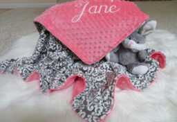 Coral Minky Baby Girl Blanket, Damask Print, Shower Gift, Usa Handcrafted - thumbnail 1