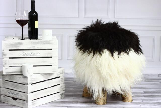 On Sale Icelandic Sheepskin Stool - Pouf Chair Wooden Stool Rustic Dressing Table Chair White - image 1