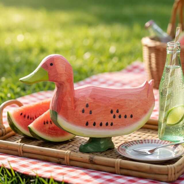 Whimsical Wooden Watermelon Duck Figurine - Hand Carved Wood Bird Sculpture Summer Tropical Decor Unique Gift For Animal Lovers - image 1
