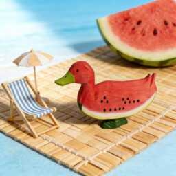 Whimsical Wooden Watermelon Duck Figurine - Hand Carved Wood Bird Sculpture Summer Tropical Decor Unique Gift For Animal Lovers - thumbnail 4