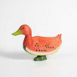 Whimsical Wooden Watermelon Duck Figurine - Hand Carved Wood Bird Sculpture Summer Tropical Decor Unique Gift For Animal Lovers - thumbnail 2