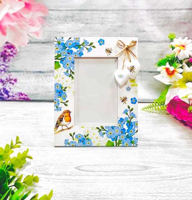 Robin & Forget Me Not Flower Photo Frame, Floral Frame, Wooden Frame, Flower Frame, Robin Photo Frame , Heart Frame, Home Decor.handmade Gift - image 1
