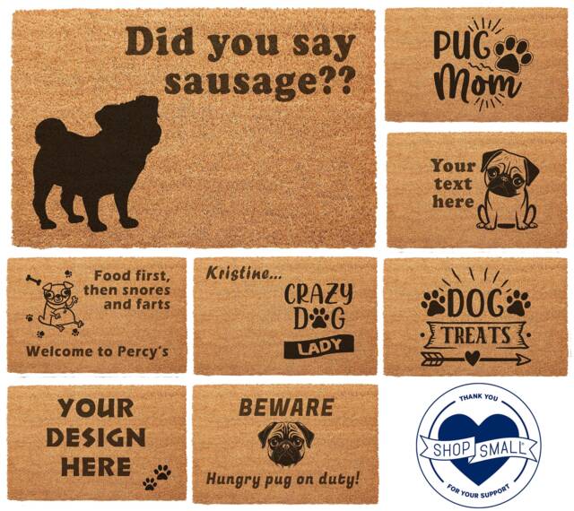 Pug Print Door Mat 40 X 60cm Personalised Prints Funny Text For Dog Parents & Crazy Ladies - image 1