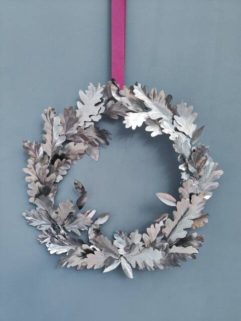 Handcrafted Silver Steel Oak Leaf Wreath - Year Round Festive Decor - image 1