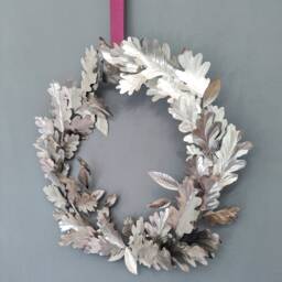 Handcrafted Silver Steel Oak Leaf Wreath - Year Round Festive Decor - thumbnail 2