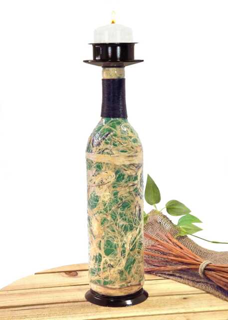 Pillar Candle Holder, Wine Bottle, Decoupage, Amate Bark Design - image 1