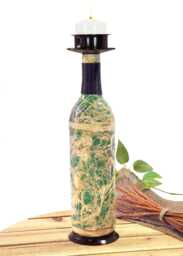 Pillar Candle Holder, Wine Bottle, Decoupage, Amate Bark Design - thumbnail 1