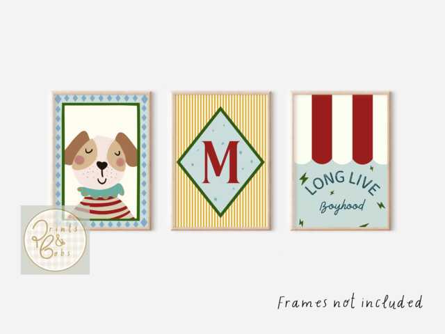 Set Of 3 Bright Boys Room Or Nursery Prints. Dog Portrait, Long Live Boyhood & Initial Print. - Unframed - image 1