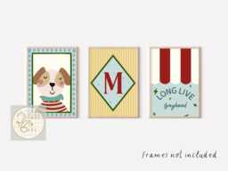 Set Of 3 Bright Boys Room Or Nursery Prints. Dog Portrait, Long Live Boyhood & Initial Print. - Unframed - thumbnail 1