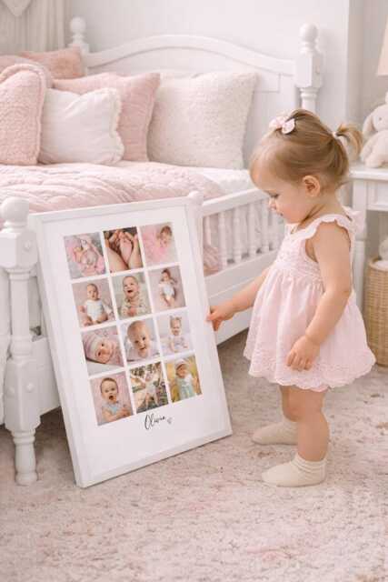 Baby Girls Year Photo Collage, Personalised 12 Pictures, Baby's 1st Year Photo Print Frame , Custom Baby Gift, Nursery Decor, Birthday - image 1
