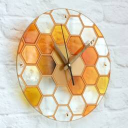Honeycomb Kitchen Clock With Small Bees On Hands - Stain Glass Yellow Wall Decor Hand Painted Round Honey Skeleton Golden - thumbnail 3