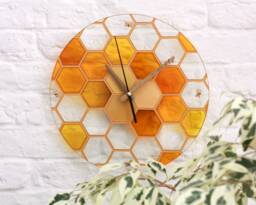 Honeycomb Kitchen Clock With Small Bees On Hands - Stain Glass Yellow Wall Decor Hand Painted Round Honey Skeleton Golden