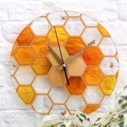 Honeycomb Kitchen Clock With Small Bees On Hands - Stain Glass Yellow Wall Decor Hand Painted Round Honey Skeleton Golden - thumbnail 4