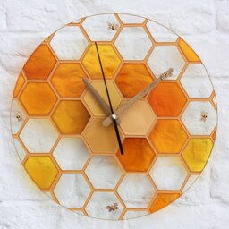 Honeycomb Kitchen Clock With Small Bees On Hands - Stain Glass Yellow Wall Decor Hand Painted Round Honey Skeleton Golden - thumbnail 2