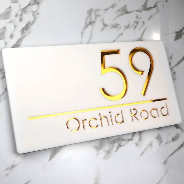K Smart Sign - Bellissima H1 Laser Cut Matt White & Gold Mirror Floating House Door Numbers Plaque 300mm X 160mm - image 1