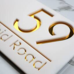 K Smart Sign - Bellissima H1 Laser Cut Matt White & Gold Mirror Floating House Door Numbers Plaque 300mm X 160mm - thumbnail 2