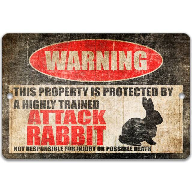 Attack Rabbit Warning Sign, Funny Highly Trained Guard Metal Distressed Farmhouse Wall Decor - image 1
