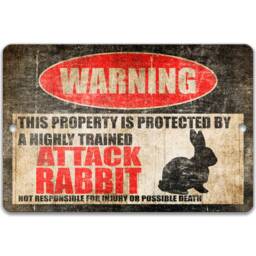 Attack Rabbit Warning Sign, Funny Highly Trained Guard Metal Distressed Farmhouse Wall Decor - thumbnail 1