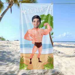 Personalized Swimwear Photo Beach Towel, Oversized Custom Muscle Man Monogram Pool Vacation Gift, Fun Beach Towel - thumbnail 1