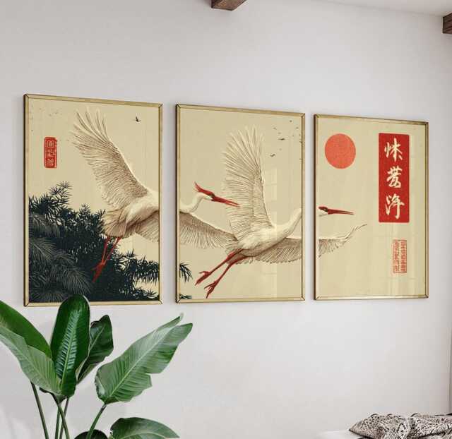 Red Sun Crane Posters Set Of 3, Japanese Bamboo Nature Art Prints Wall Decor - image 1