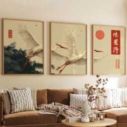 Red Sun Crane Posters Set Of 3, Japanese Bamboo Nature Art Prints Wall Decor - thumbnail 3