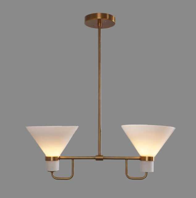 Mid-Century Modern Brass Chandelier Two Glass Cone Shade Pendant Light - image 1