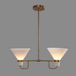 Mid-Century Modern Brass Chandelier Two Glass Cone Shade Pendant Light - thumbnail 1