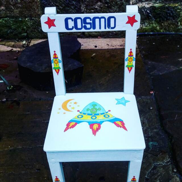 Children's Personalised Upcycled Wooden Nursery School Chair Decoupaged With Cosmic Space Theme & Your Child's Name - image 1