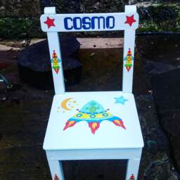 Children's Personalised Upcycled Wooden Nursery School Chair Decoupaged With Cosmic Space Theme & Your Child's Name