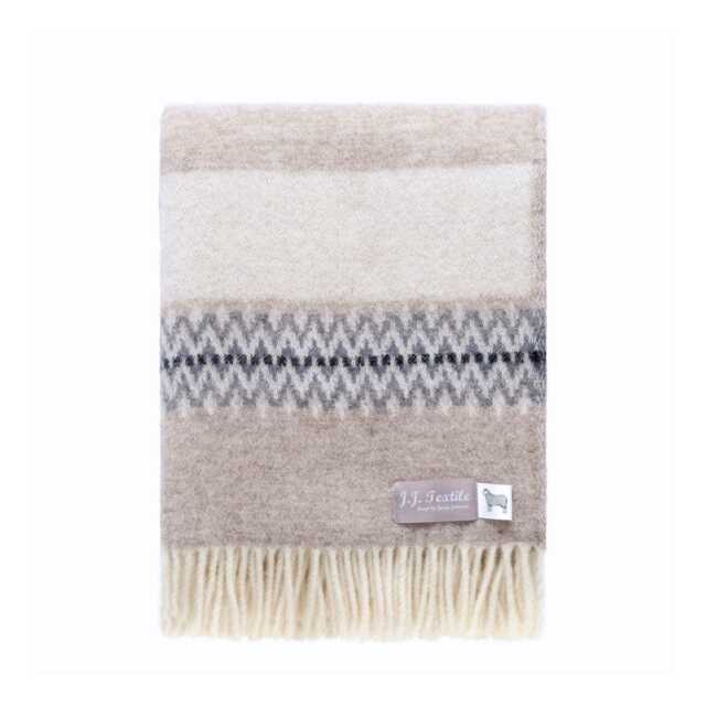 Mita Wool Throw - Woven From Pure Beige & Grey Stripes With Fringe Edge - image 1