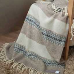 Mita Wool Throw - Woven From Pure Beige & Grey Stripes With Fringe Edge - thumbnail 3