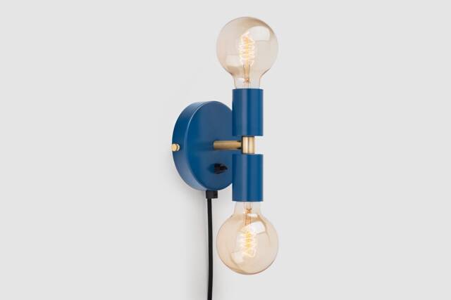 Liam Mini Plug-In Wall Sconce Navy Blue On/Off Switch Mid Century Modern Bedside Lamp Raw Brass - image 1