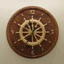 Mistral Ship Wheel Nautic Clock Massive Wooden Intarsia Made From 2 Sorts Of Wood Walnut & Maple - thumbnail 4