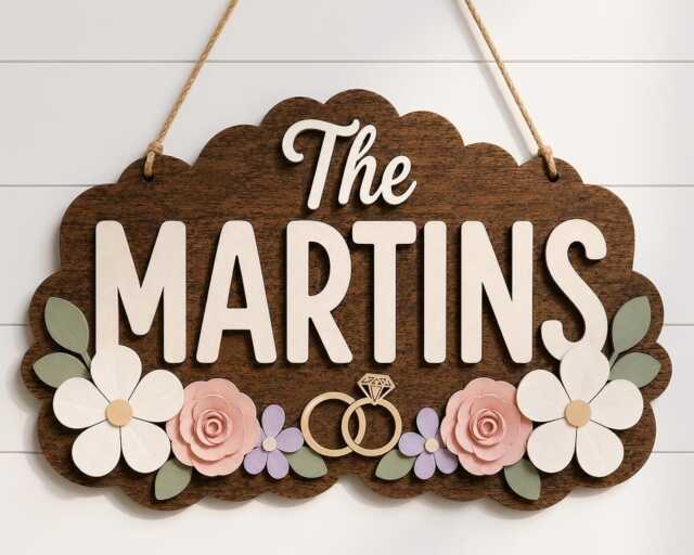 Custom Wooden Wedding Name Plaque, Floral Last Wall Decor, Newlywed Gift - image 1