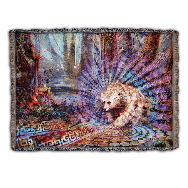 Spirit Bear - Woven Cotton Blanket Psychedelic Visionary Landscape Wildlife Art By Simon Haiduk