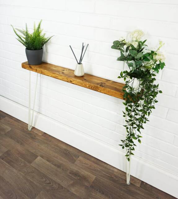 Rustic Console Table Slimline With White Hair Pin Legs - Reclaimed Timber Style Solid Wood Furniture - image 1
